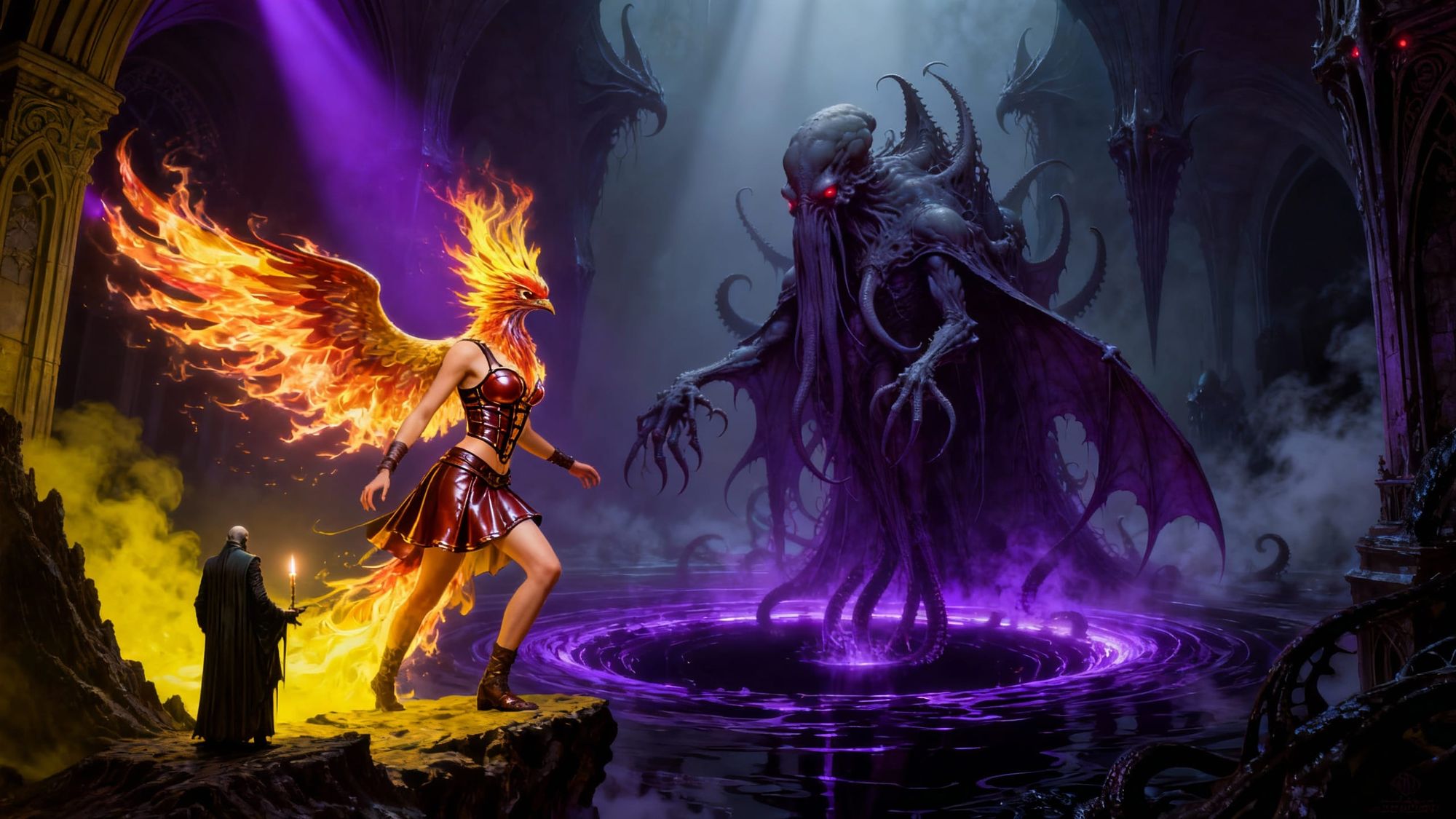 An anthropomorphic Phoenix wearing a flaming leather corset and skirt steps into the abyss to face "The Ultimate Boss" Cthulhu rising from a...