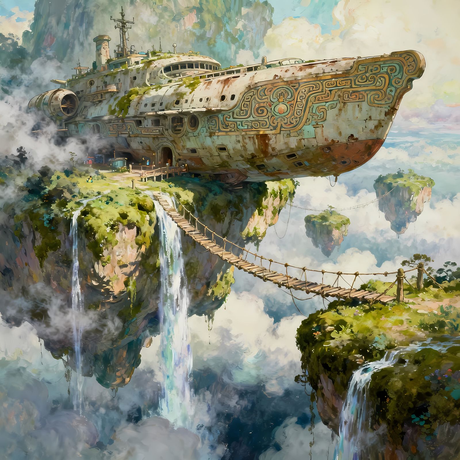 ancient floating islands covered in moss and mist, drifting above a cloudy abyss. Waterfalls c...  by @Ramzey