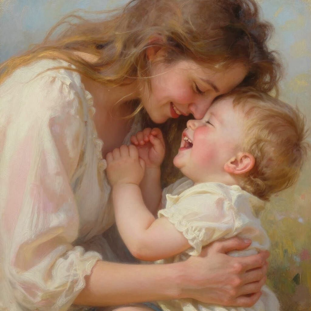 A close-up, intimate scene of a mother playfully burying her face against her two-year-old son’s belly ...  by @EsterJasmine