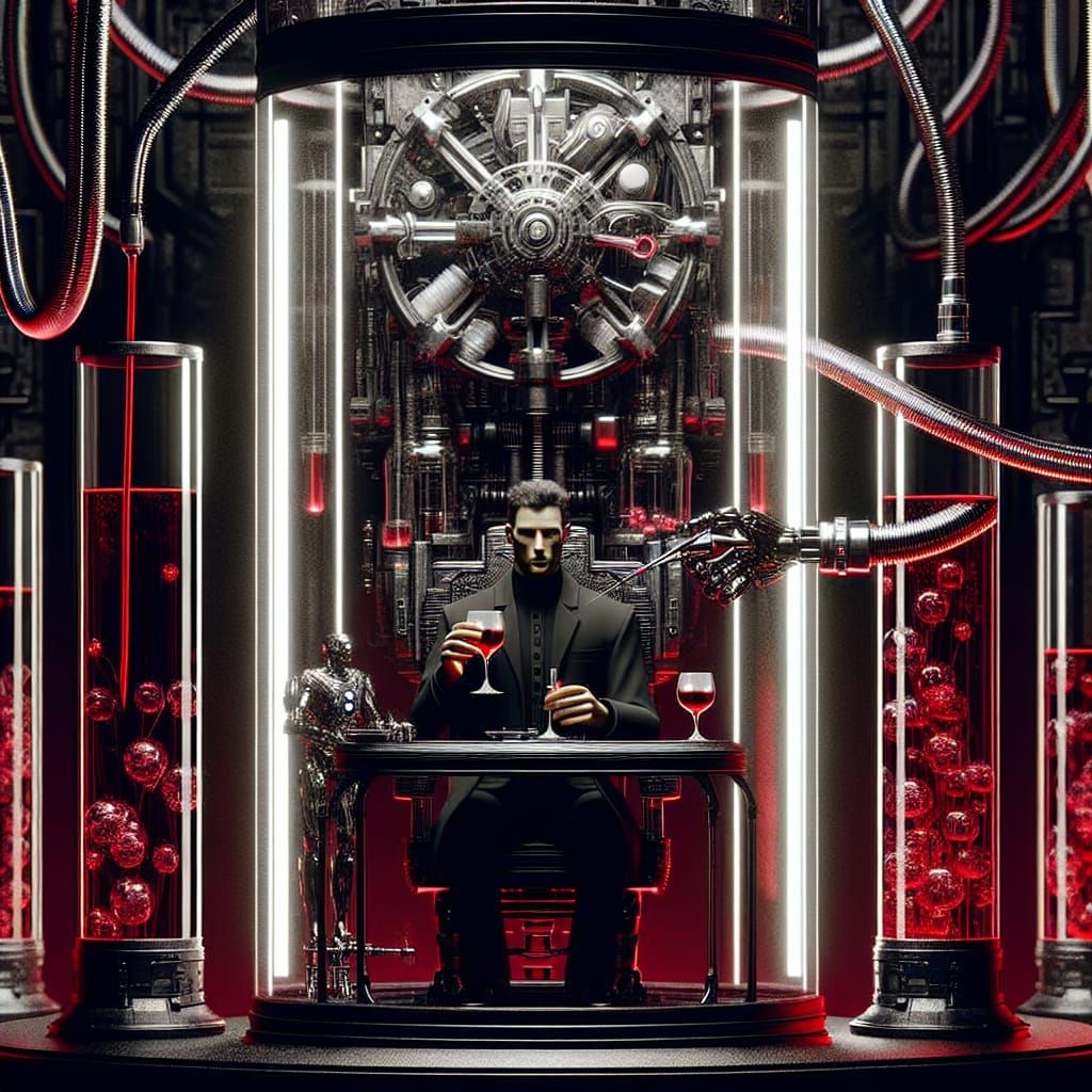Cyberpunk gothic metal castle room with table and sitting cy...