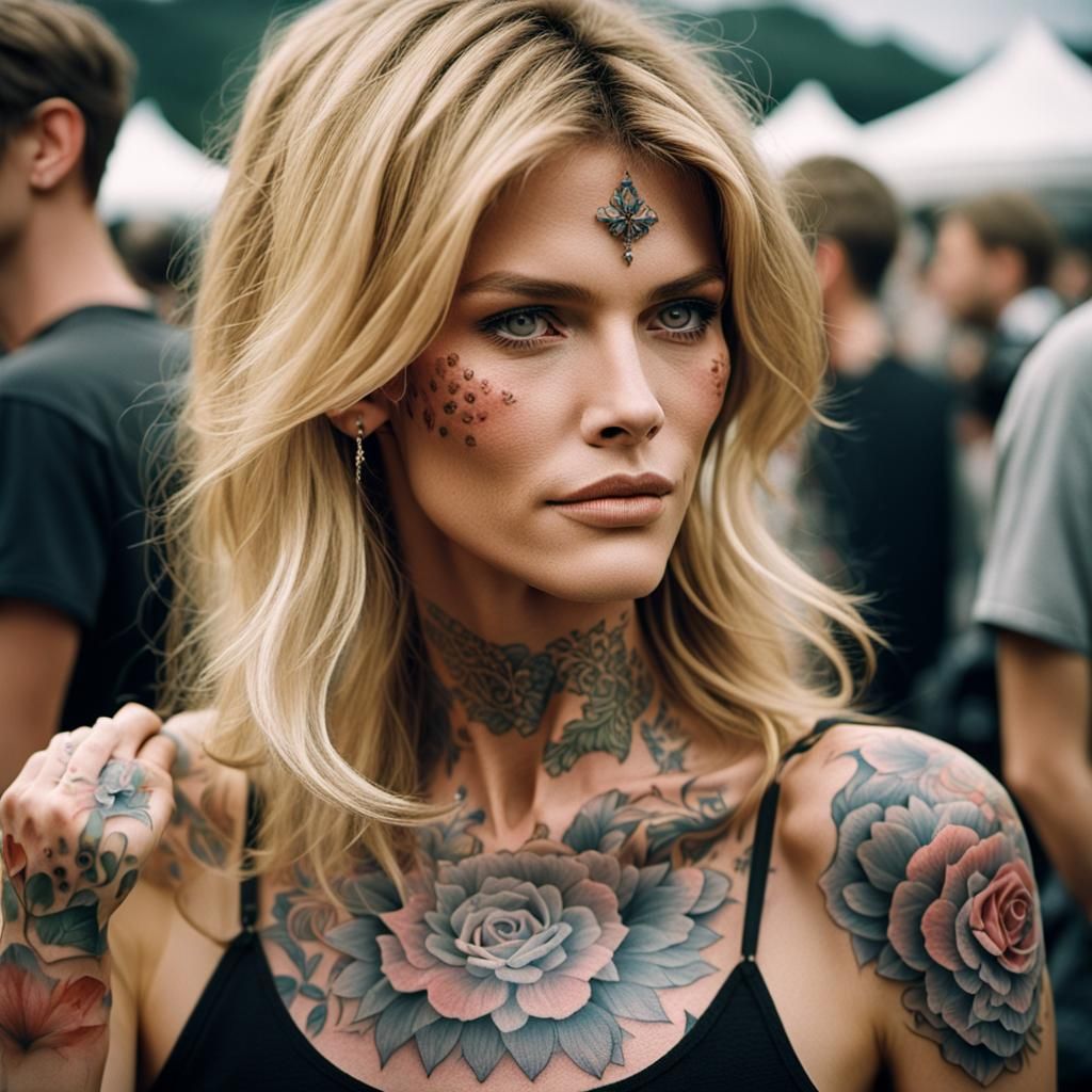 Tattoo, irezumi, hires (candid photo) of [Claudia Schiffer|C...