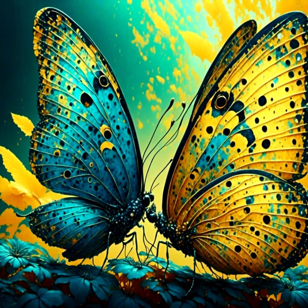 a close up of two intricately detailed yellow butterflies facing each other practically nose to nose, <lora:Inconceivable:1.0> beautiful bac...
