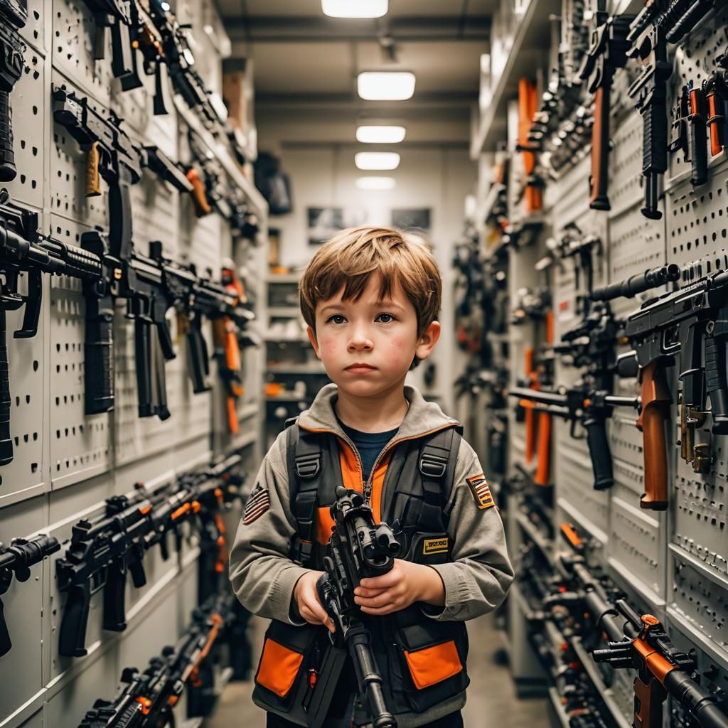 Little boy, in a weapon room