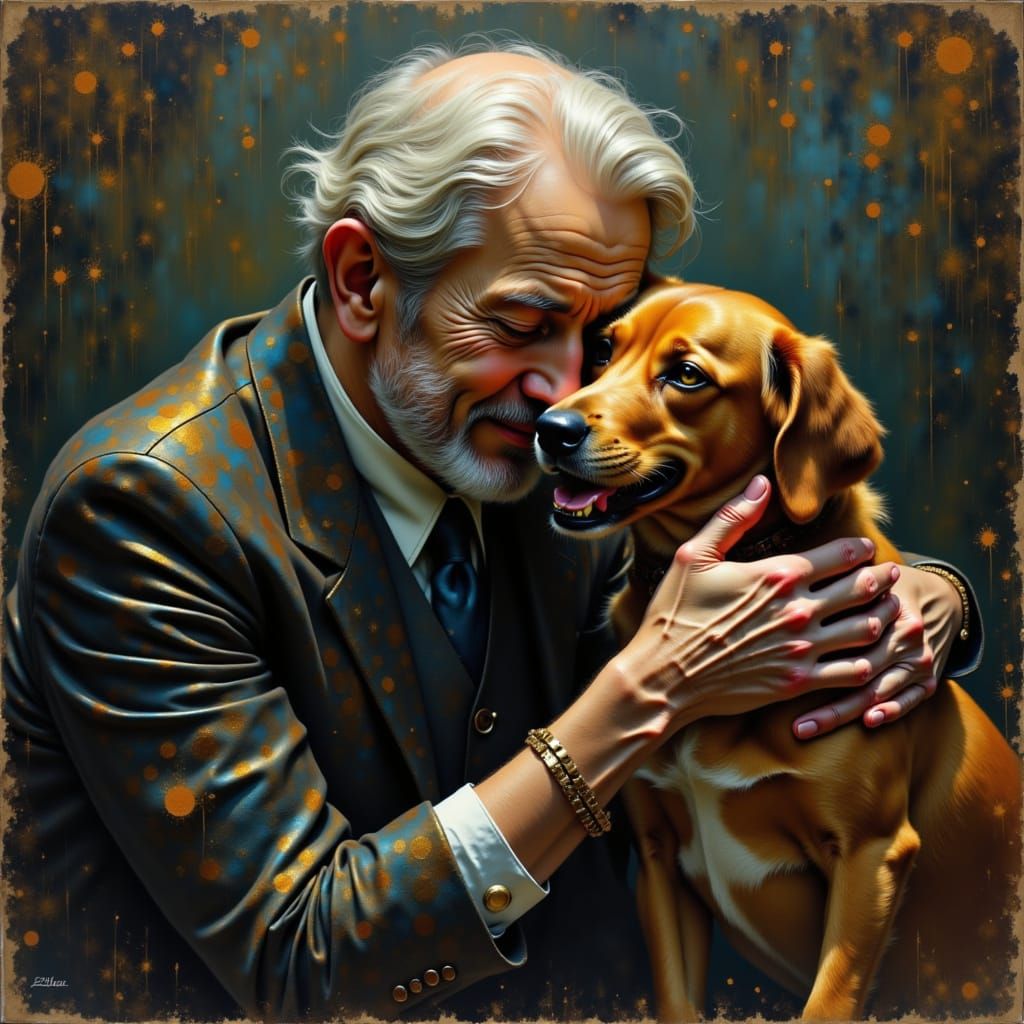 Portrait of happy old man hugging dog' Gorgeous Gouache and Watercolour Painting by Alyssa Monks; by Gaston Bussière; by Ruan Jia; by Pino D...