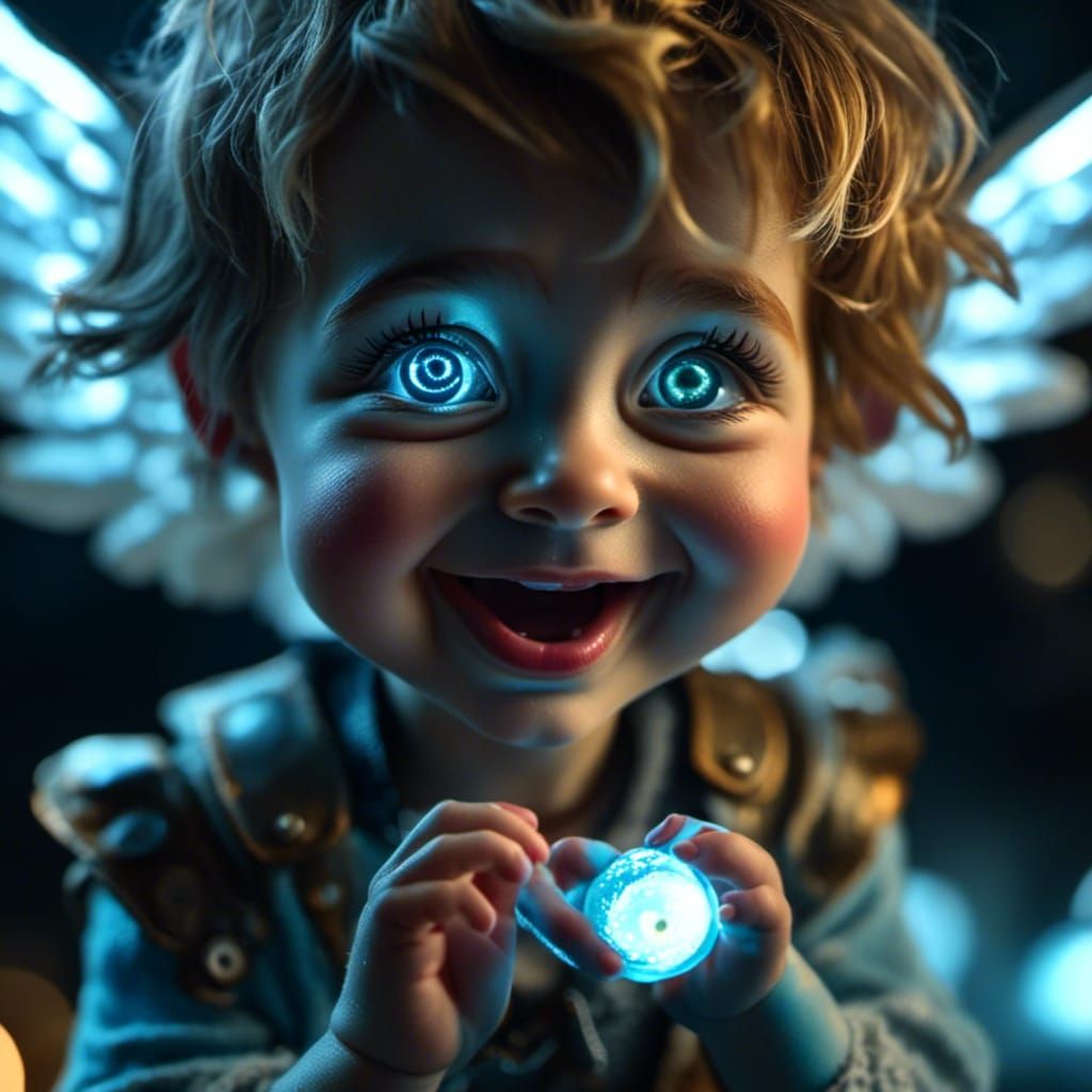 cinematic film still of a cute punk rocker angel giggling, absolutely adorable with bioluminescent eye retinas. highly detailed, shallow dep...