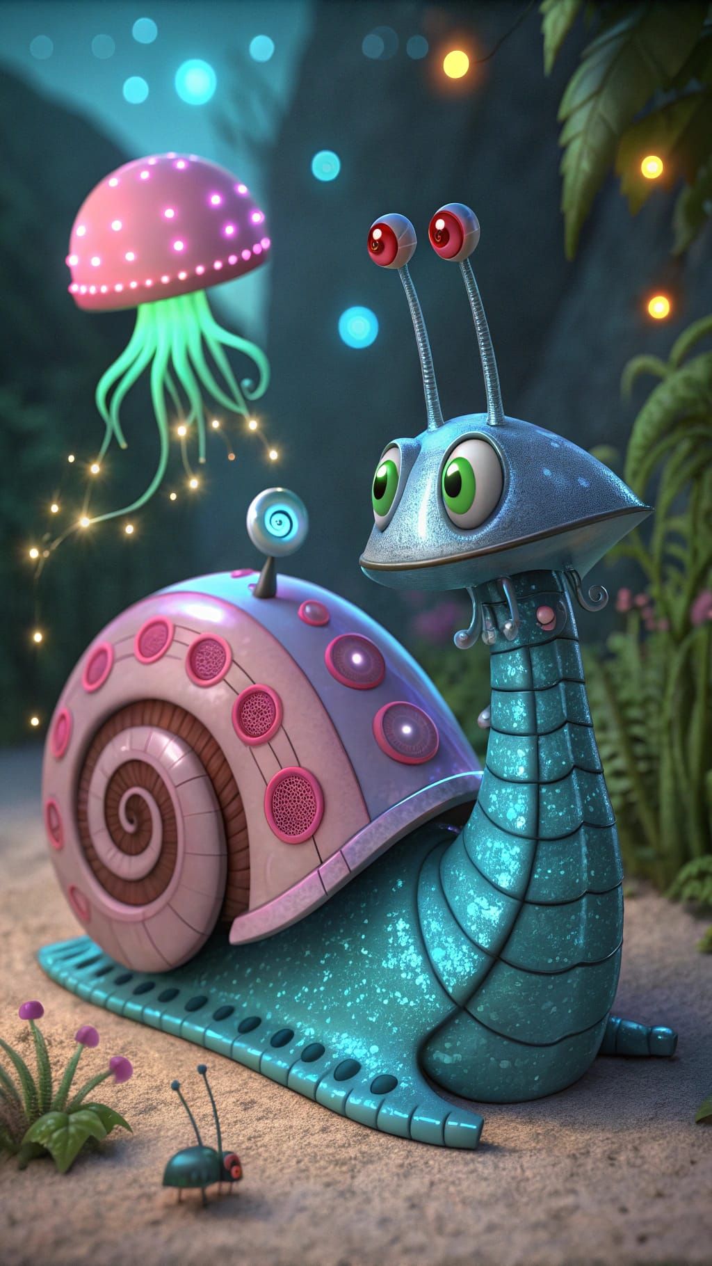 A robotic snail inspired by Gary from SpongeBob SquarePants, alongside a robotic jellyfish. The snail's body is made of shiny metallic blue ...