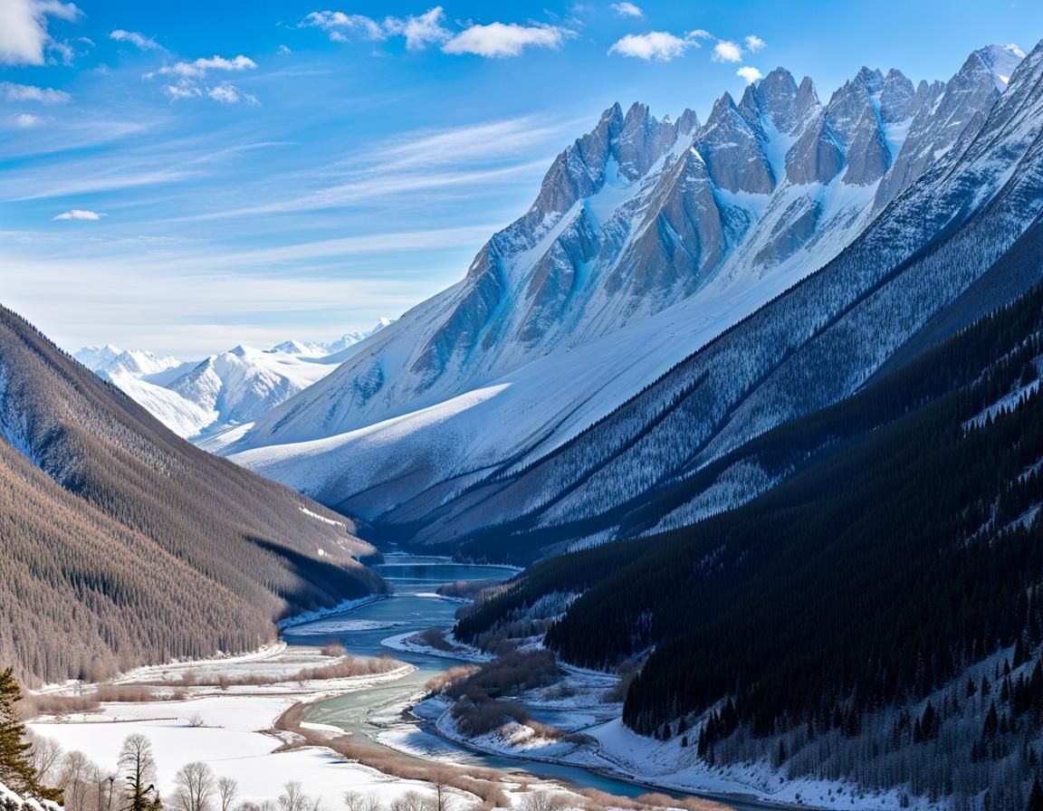 Deep river valley quickly disappeared behind the rocky mountains on the ...