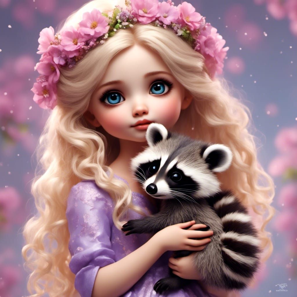 (Beautiful blonde woman:1.3) holds a (baby racoon:1.2) in he...