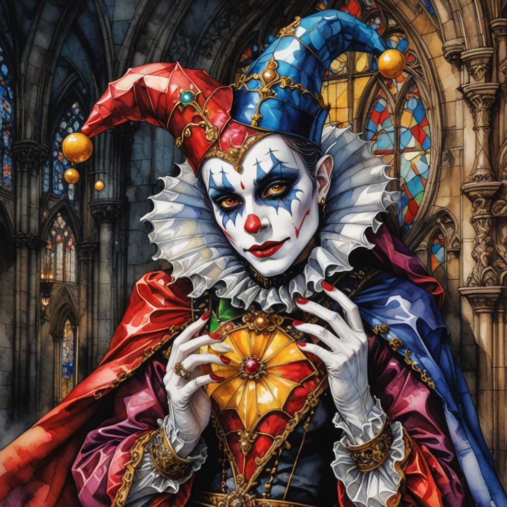 Style: Victoria Frances "Jester" Gothic, fine art, watercolor, mixed media. 
Subject: Jester, Harlequin ...  by @Skyscribe