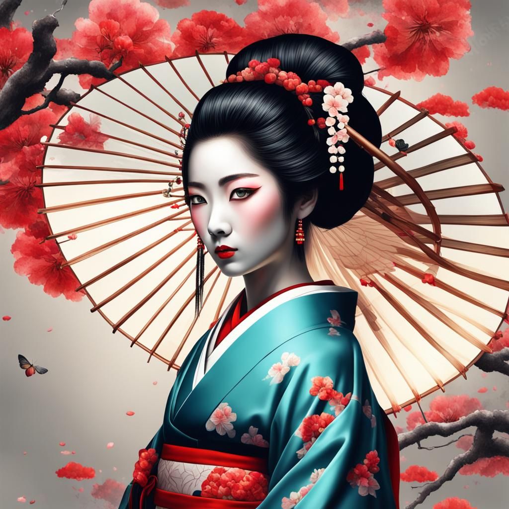 Beautiful Sybile Art style Geisha, hyper-detailed and hyper-realistic image, 16k resolution, perfect composition