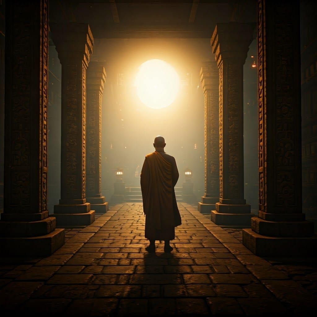 Buddhist Monk Contemplates in Ancient Temple