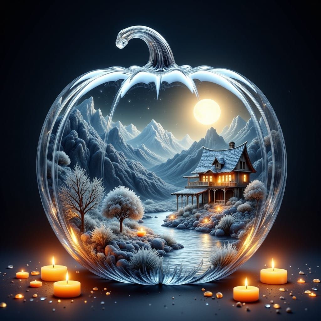 **Fantastische Idylle: Ein Kürbishaus mit Kerzen, eingebettet in eine mystische Landschaft voller Magie.** ...  by @bedisi yseven