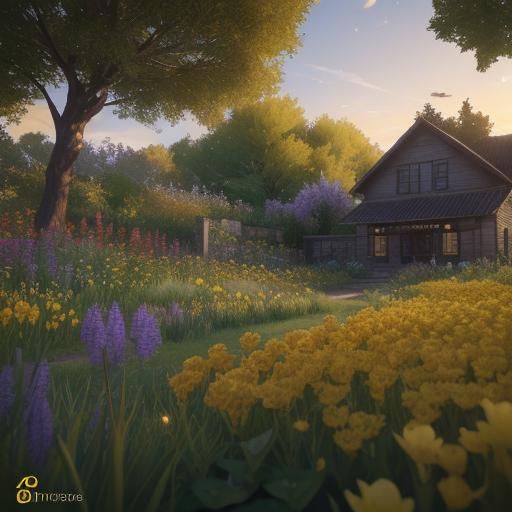 close-up of a rural garden with yellow flowers in golden hou...
