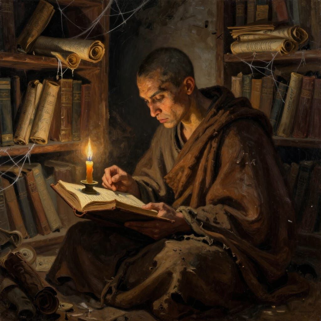 A solitary monk in tattered robes, deciphering an ancient, forbidden tome illuminated by a single, flickering ...  by @Stadtmusikant