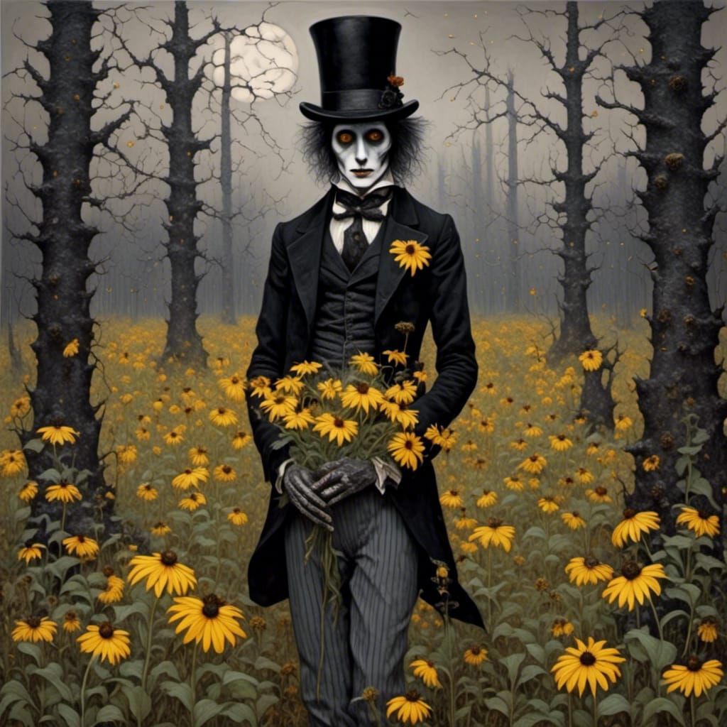 <lora:Ladybird:1.0> A man wearing a top hat and gray pinstriped pants standing in a barren wood, holding a bouquet of black-eyed Susans. Bla...