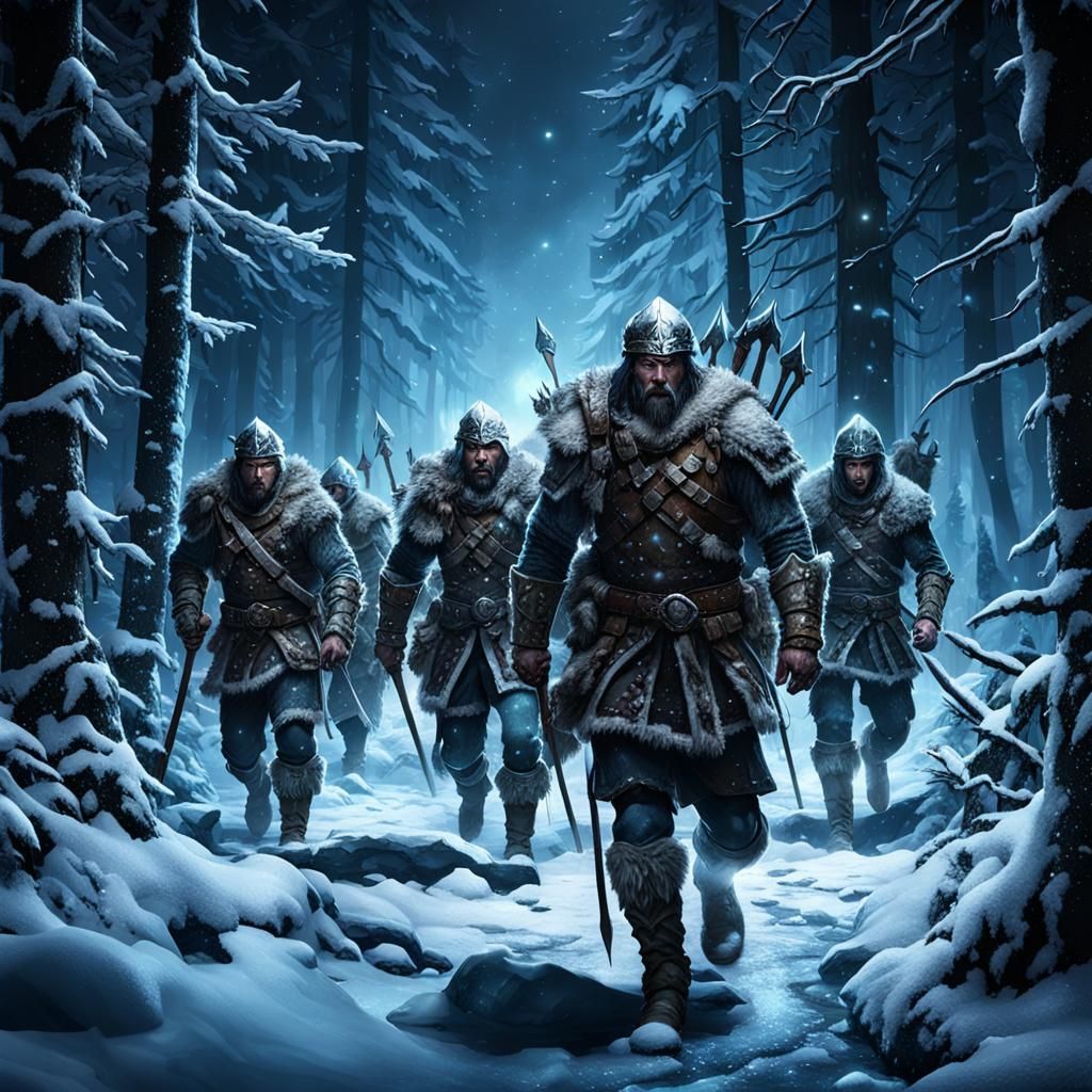 barbarian army sneaking through the icy forest at night, ult...