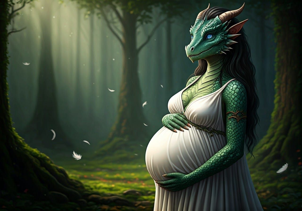 Pregnant Elf-Dragon Hybrid in Mystical Forest