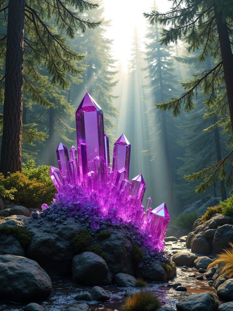 wide shot of a green pine forest with a rock formation full of purple geode and pink crystal clear gems in the middle. sun light through the...