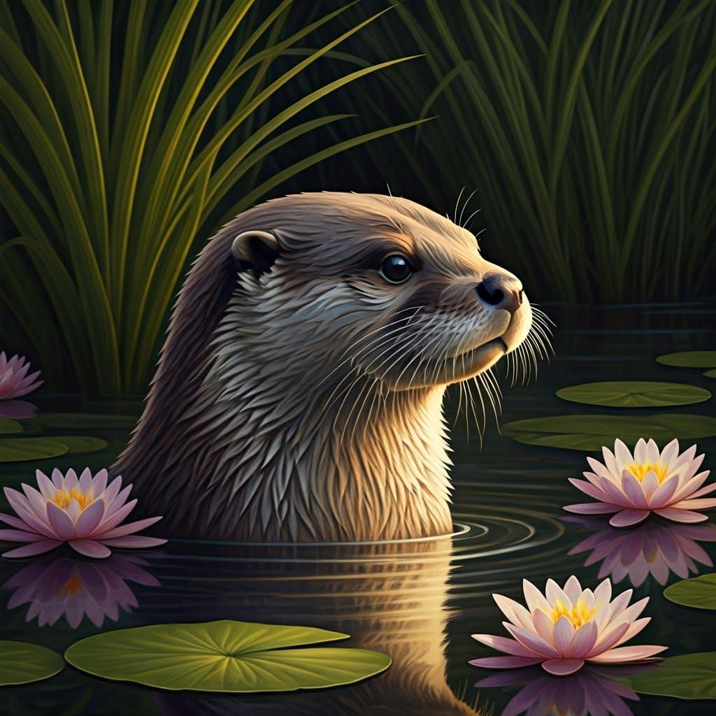 Whimsical Otter Surrounded by Lush Greenery in Serene Lake S...