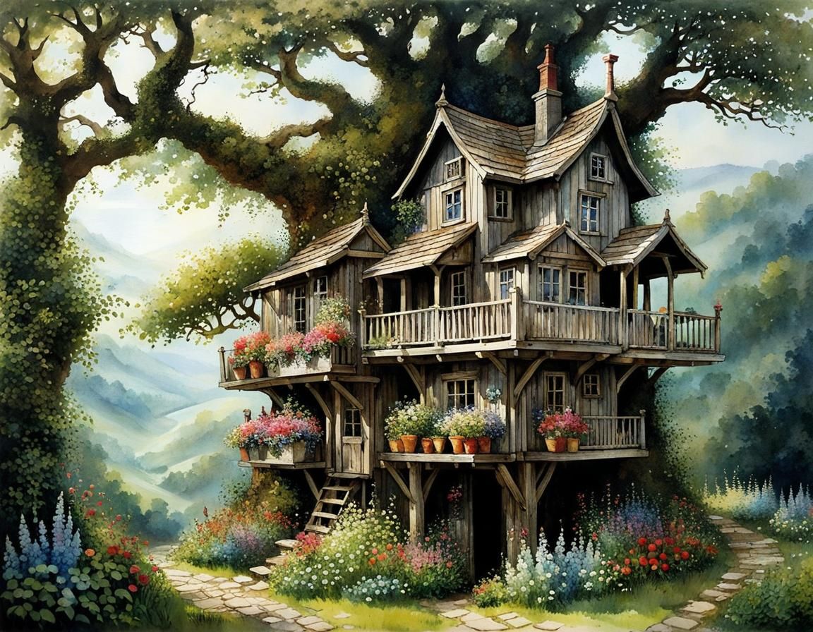 Beautiful rustic tree house full of flower boxes and flower pots, by Stewart Edmondson, Thomas Wells ...  by @Tina auf der Blumenwiese