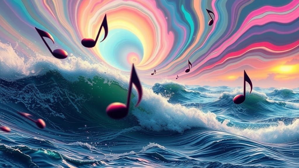 A beautiful Seascape with swirling colors in the sky and in the water, musical notes and sound waves hover, brilliant saturated, epic cinema...