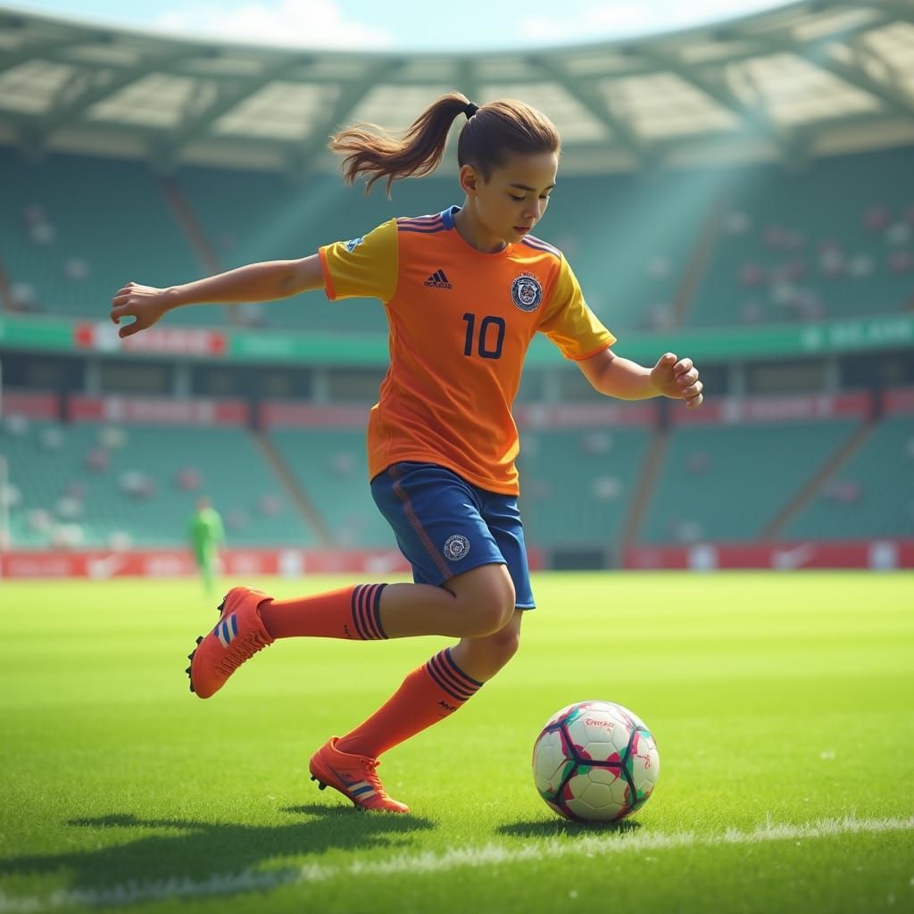 Young Soccer Player Kicking Ball in Stadium: Digital Art