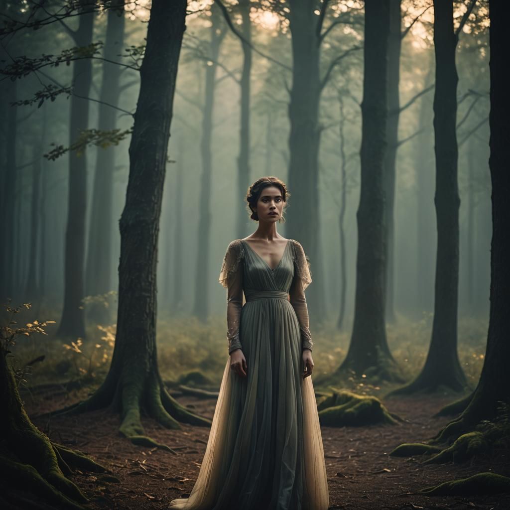 Ethereal Woman in Moonlit Forest: Cinematic Still