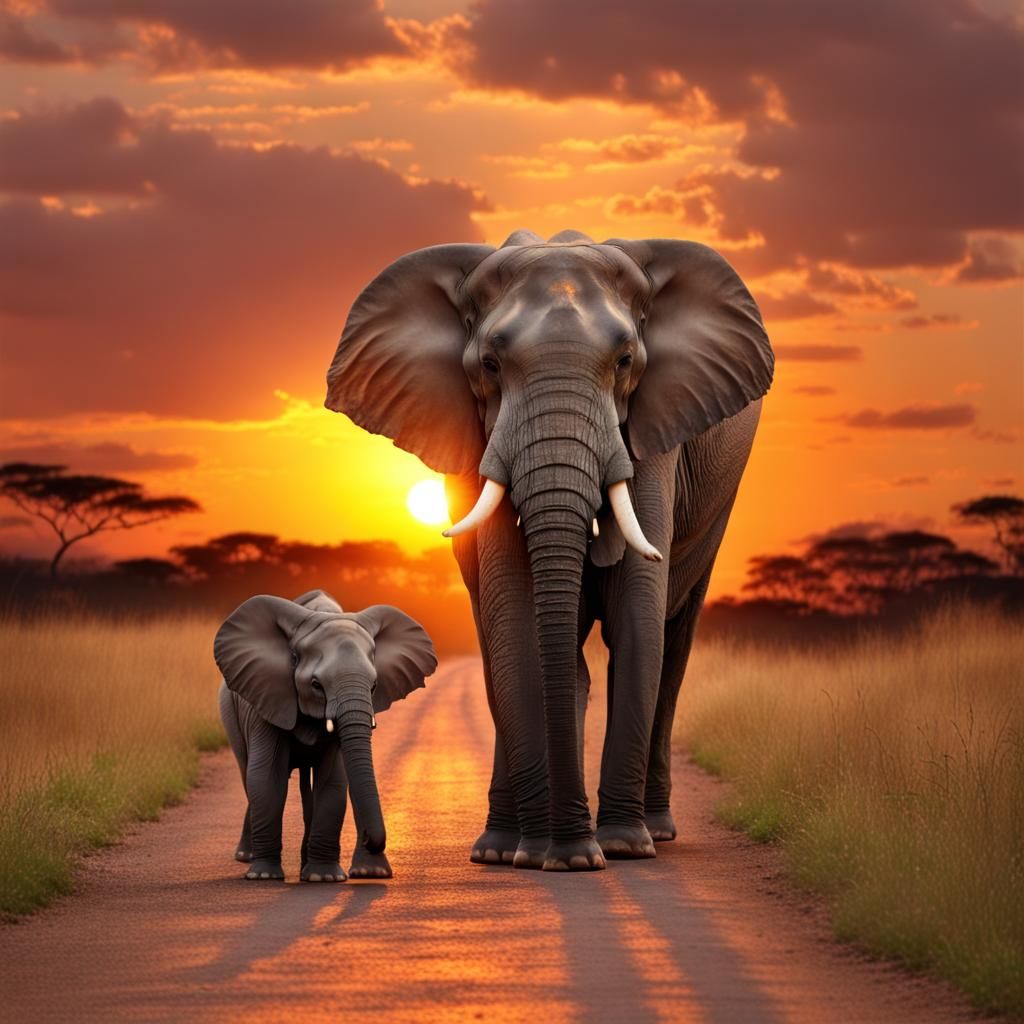 A elephant and her baby , with a beautiful sunset