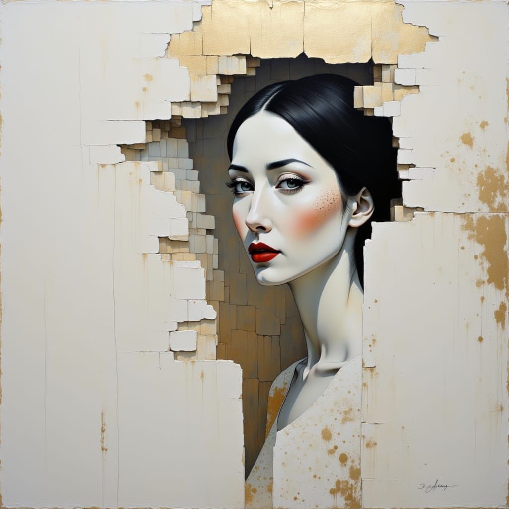 ""a minimalist painting, elegant, subtle, whimsical, masterpiece, of a woman peeking out of a wide slit in a wall, face with scars, elegant ...