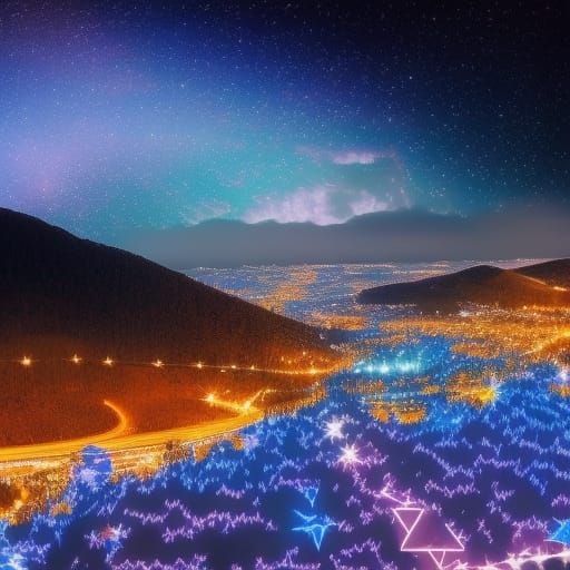 Extravagant Night Star Light Show above a town