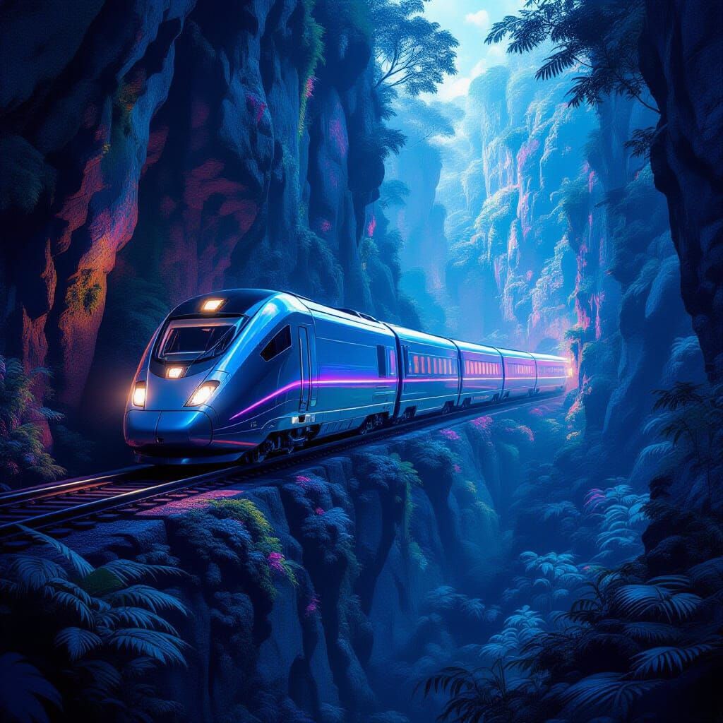 Futuristic Train Ascends Bioluminescent Forest Cliff