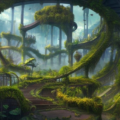Overgrown rollercoaster city covered in vines and moss AI Generated