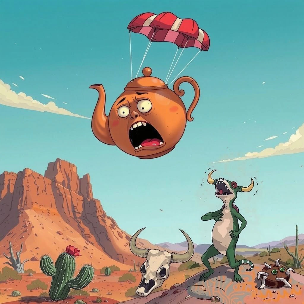 (An anthromorfic teapot hanging from a parachute is terrified because it is about to land on an angry cactus) in a scorching hot desert, a l...
