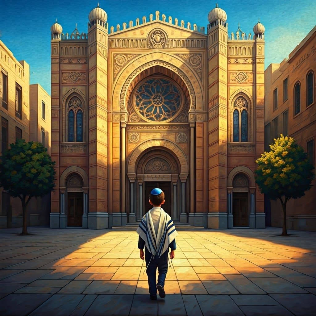 Young Boy Approaches a Grand Synagogue in Vibrant, Dreamlike...