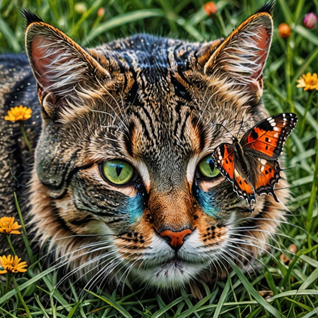 A cute and adorable cat curled up on the grass and a colourf...
