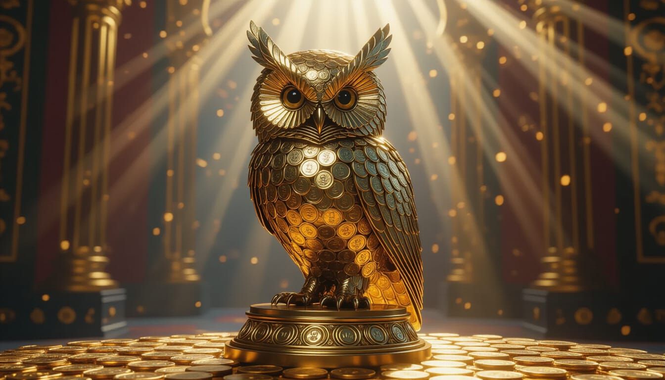 Hyperrealistic digital matte painting. Mid shot. A highly detailed owl made from pennies, nickels, dimes, ...  by @Forsakenly Departed