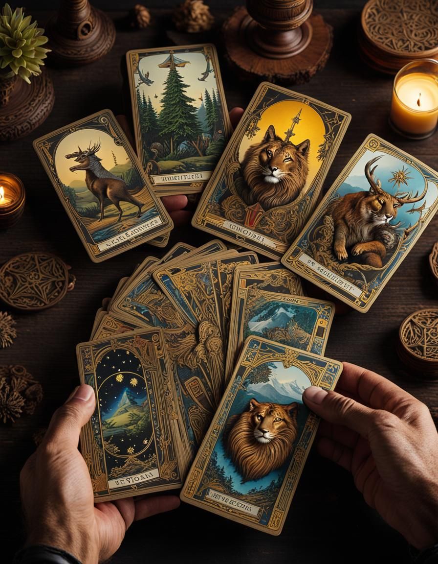 Hand holds a spread of mystical tarot cards, each bearing the intricate likeness of a unique fantastical ...  by @amazoon