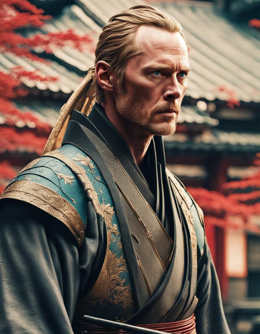 Paul Bettany, the android Vision, Vision dressed as a Medieval Japanese samurai in Japan, action scene, Marvel Studios, ...