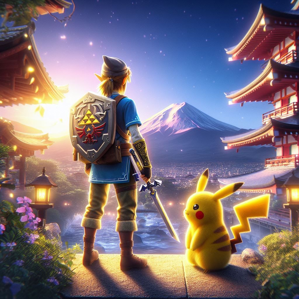 Link discovering Japan with Pikachu
