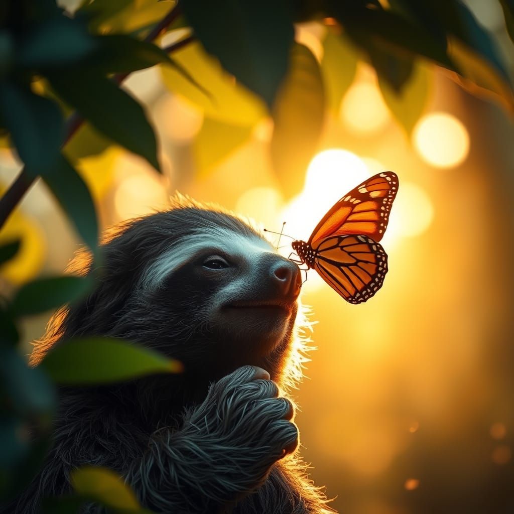 ((sloth)) gently touching a ((monarch butterfly)) on its nose, (golden sunlight filtering through forest ...  by @GoingJade