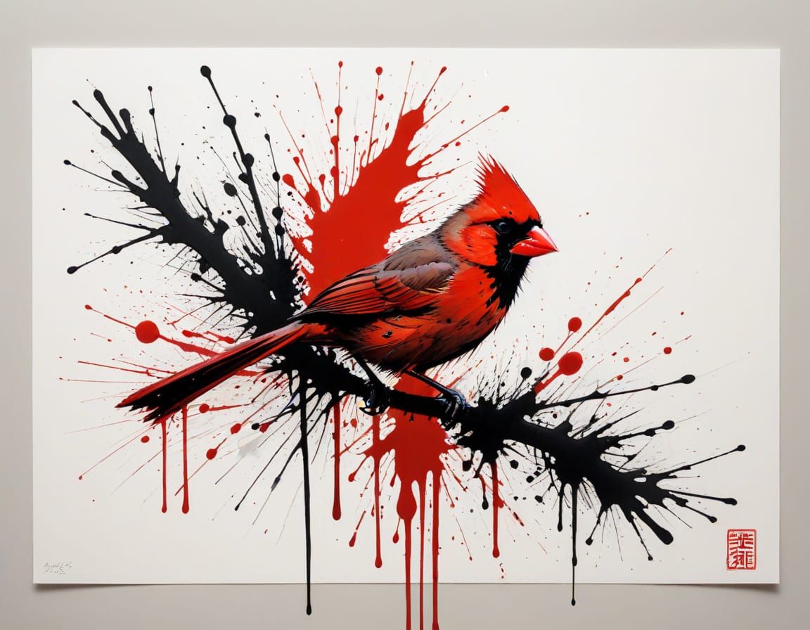 A perfect red cardinal China-ink and calligraphic brushstrokes on white paper sheet.
