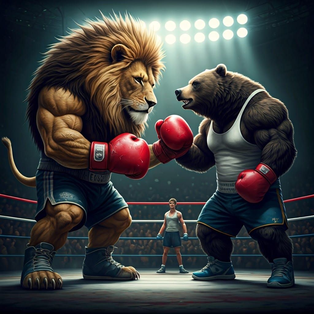 Lion and Bear Boxing Match in Fantasy Arena