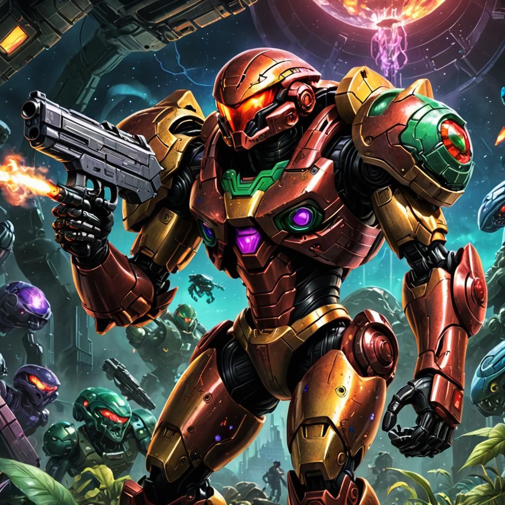 Metroid from game boy with gun raised blasting an alien,  de...