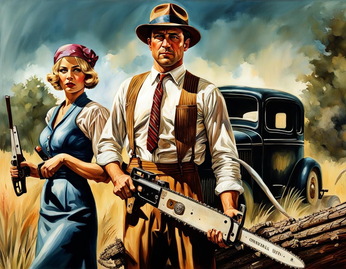 Bonnie Parker and Clyde Barrow holding a chainsaw ultrarealistic