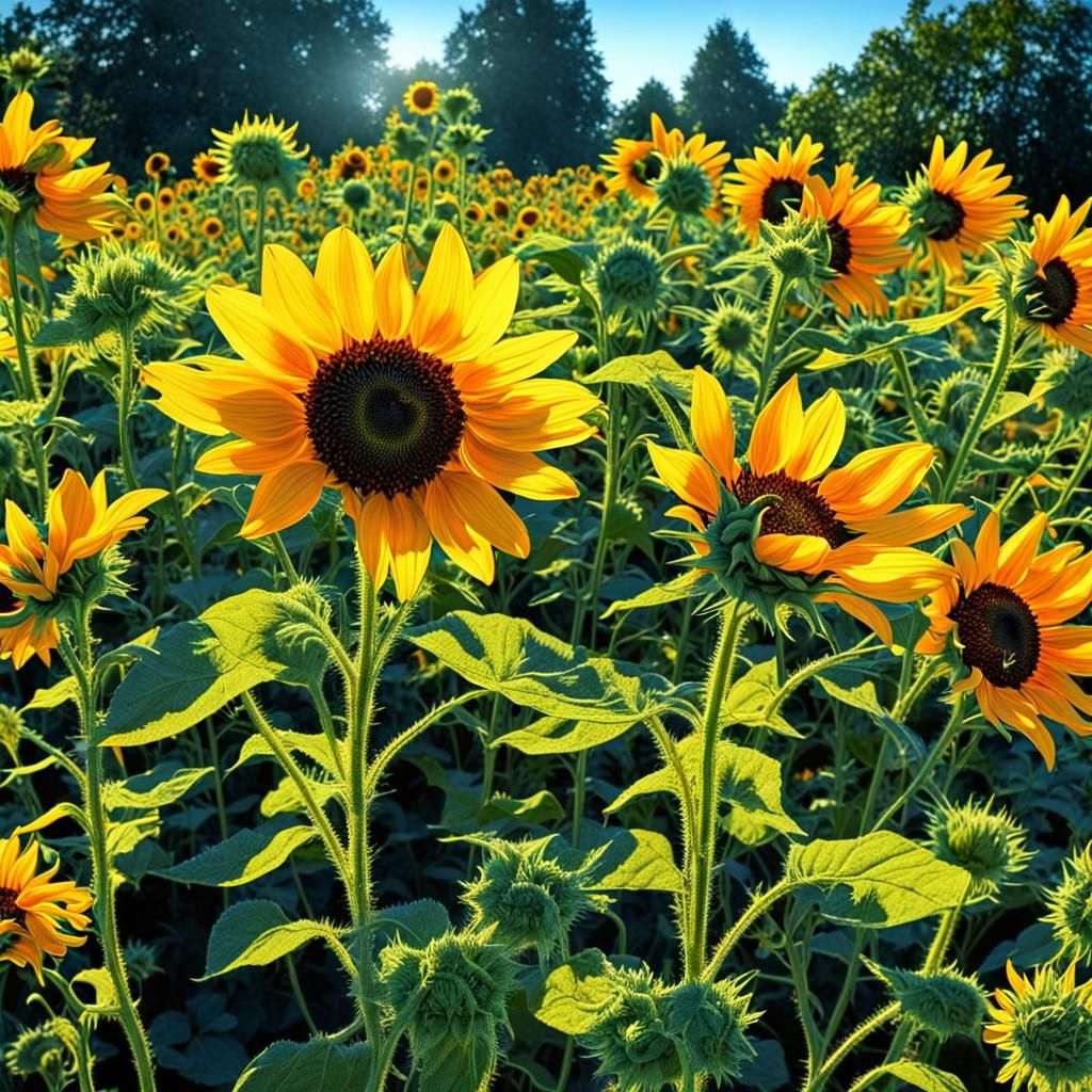 wild sunflowers in the full summer sun in the garden closeup ...