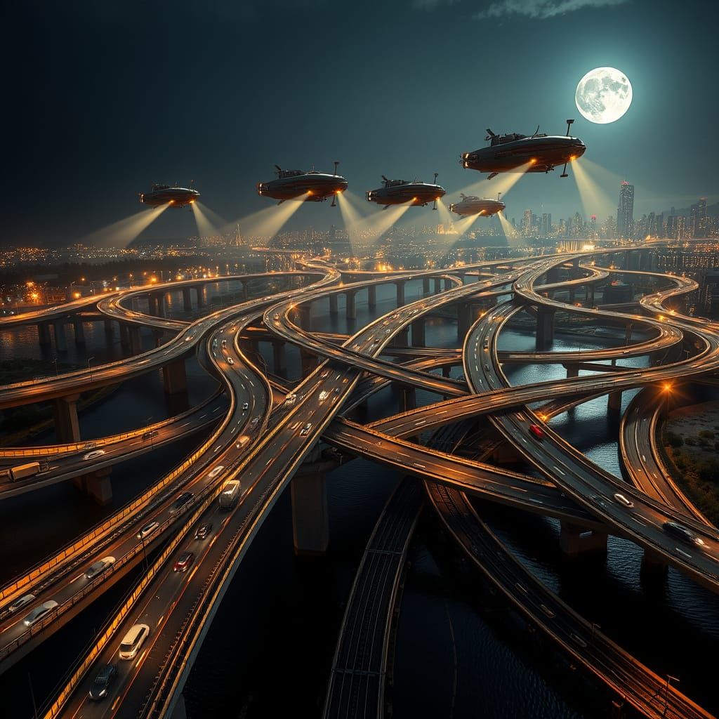 a hyperrealistic, surreal illustration of a complex network of interlocking road bridges spanning a wide, reflective river and crisscrossing...