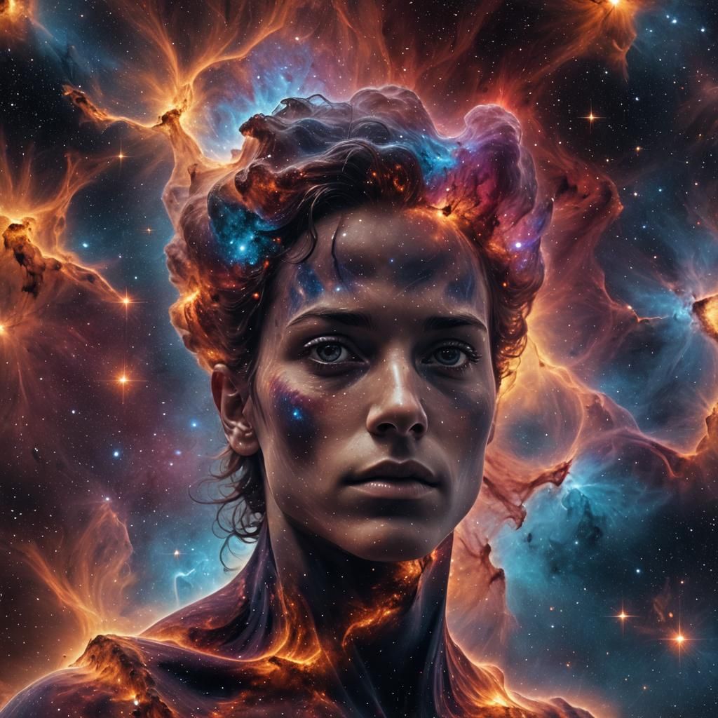 young face entirely made of vibrant cosmic nebulae in void 128k resolution looks away high depth of field ...  by @-jul2910-