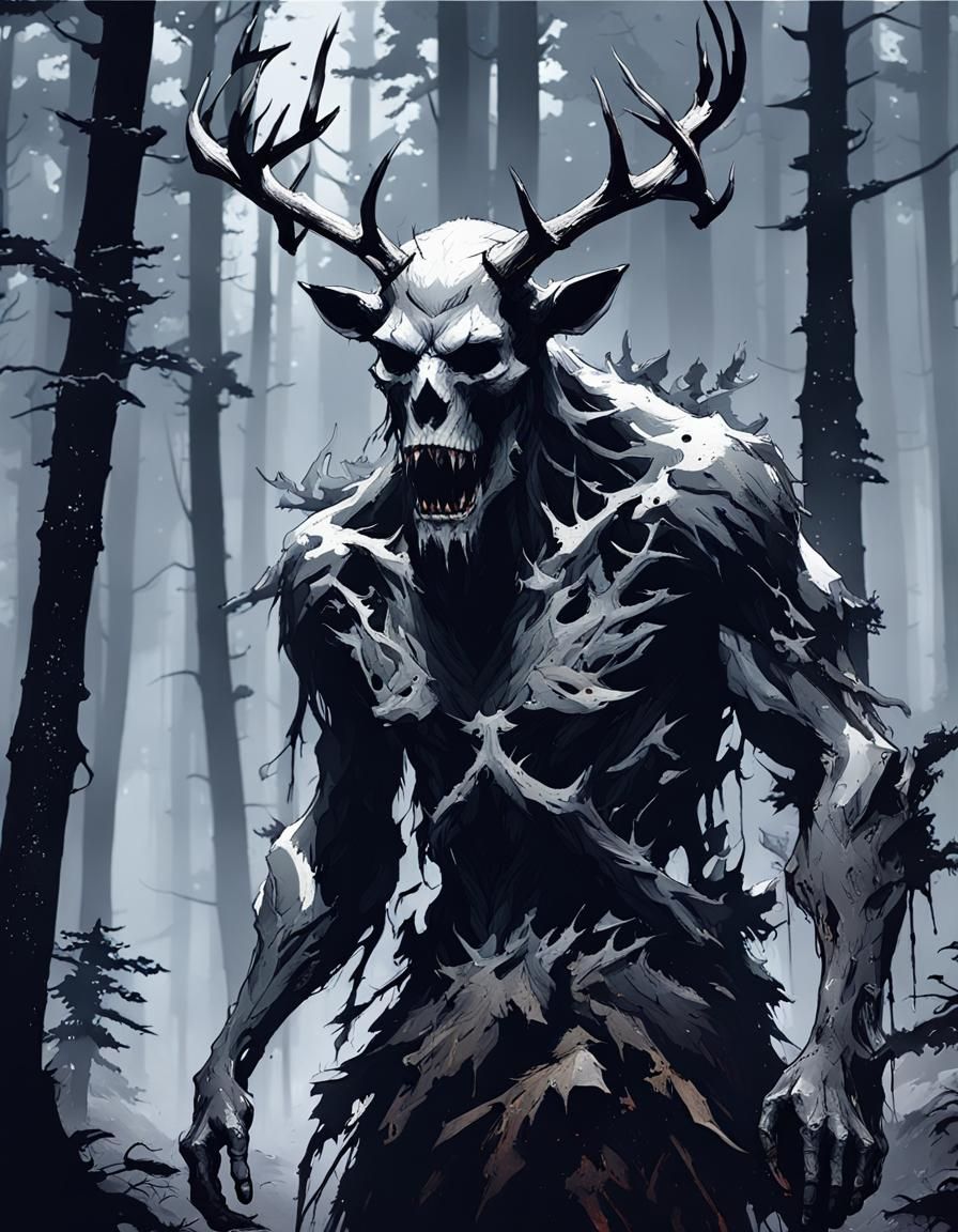 Wendigo in Dark Forest: Inkpunk Character Concept Art