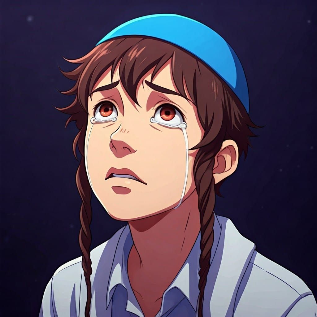 Young Boy in Anime Style Looks Up to the Sky with Tears