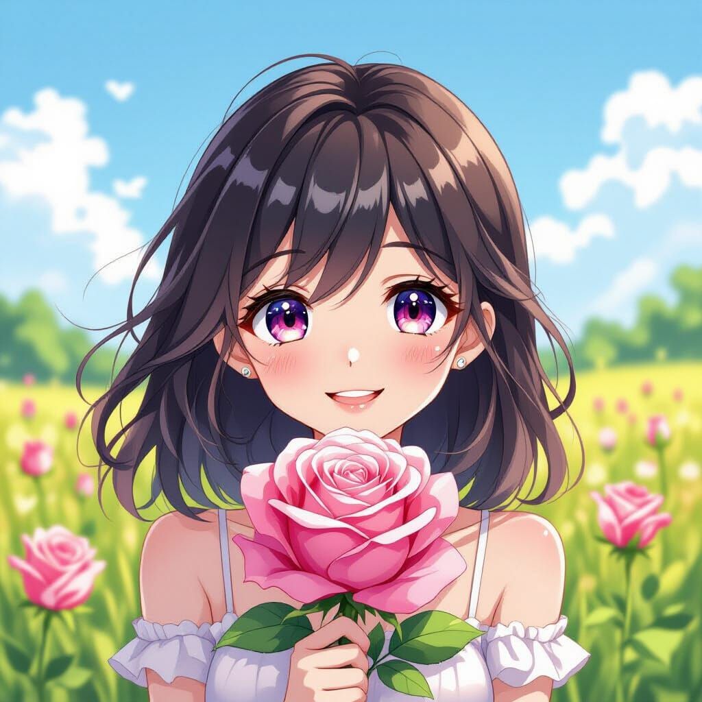 Cute Anime Pink Rose with Happy Eyes